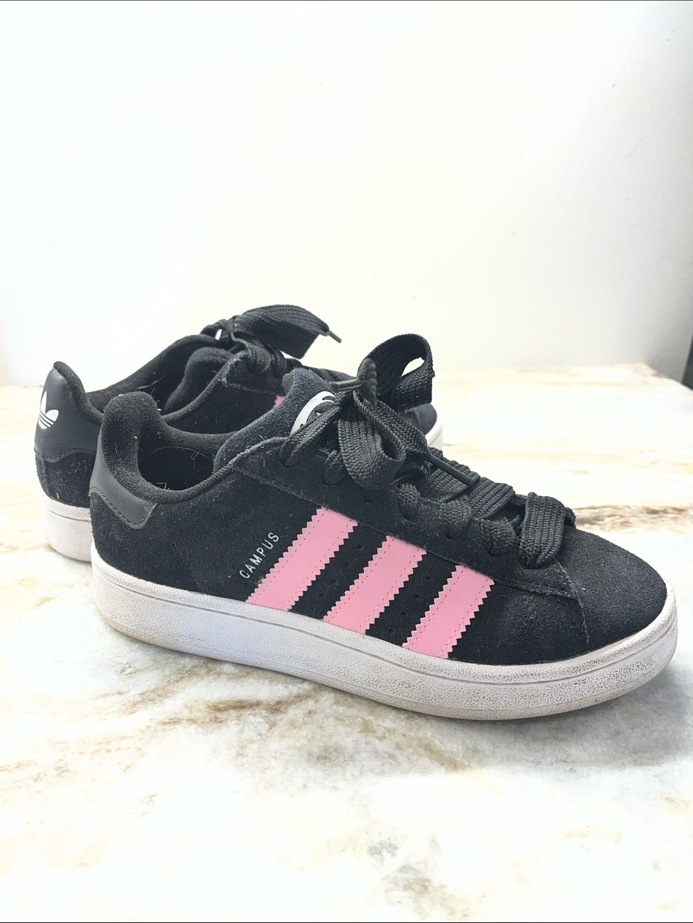 adidas women’s 6.5 Black Suede Campus Sneakers with Pink Stripes